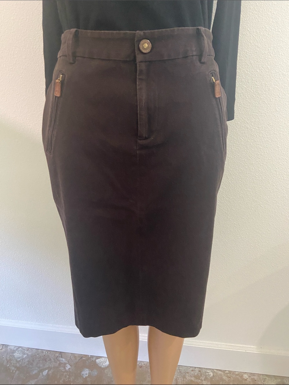 Ralph Lauren Cotton Equestrian Dark Brown Pencil Skirt with Zip Detail Sz 2